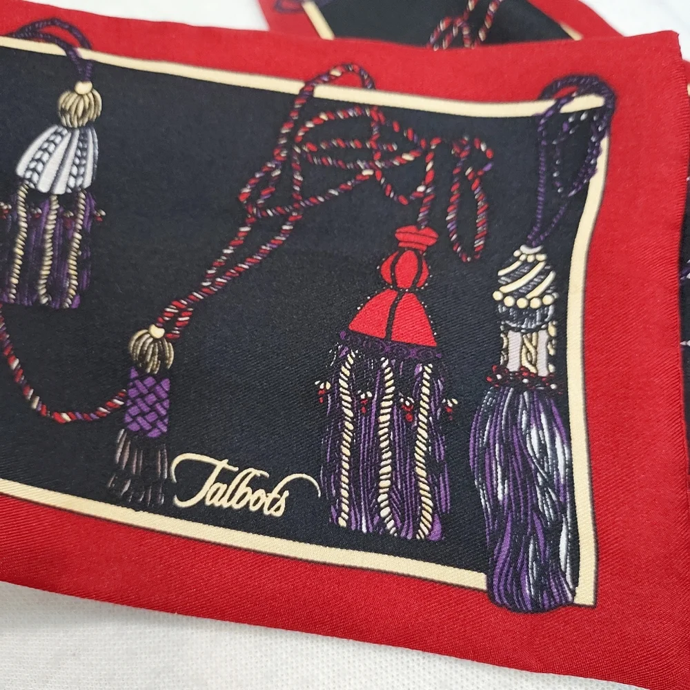 Talbots Red Tassel Print 100% Silk Scarf - Picture 2 of 6